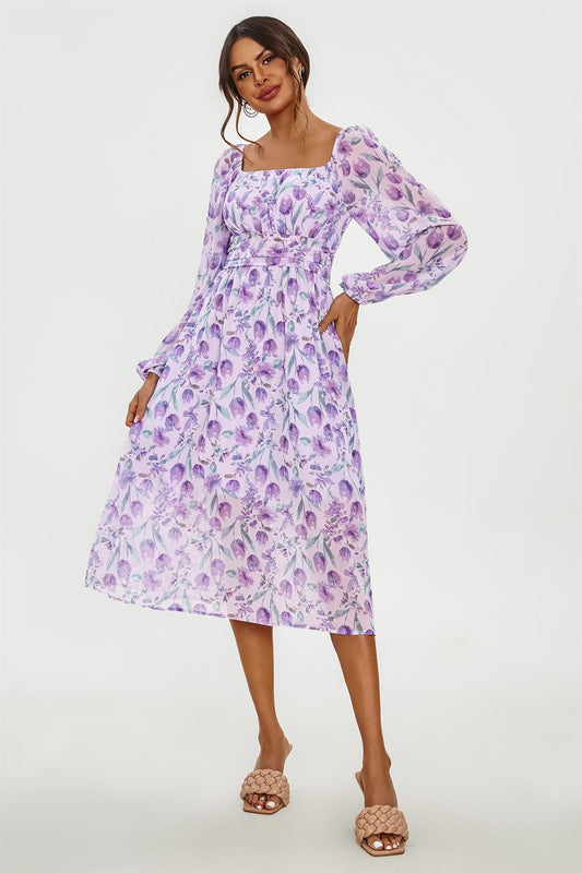 Floral Print Long Sleeve Maxi Dress In Purple