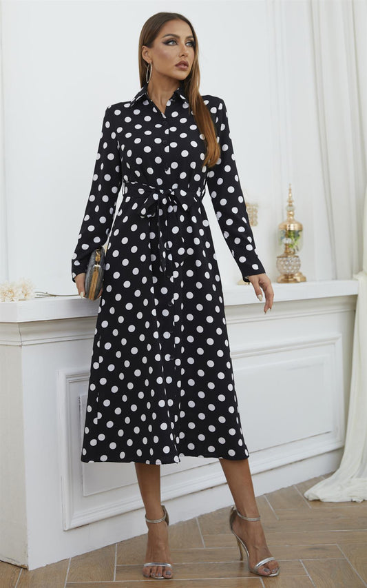 White Dot Print Midi Shirt Dress In Black