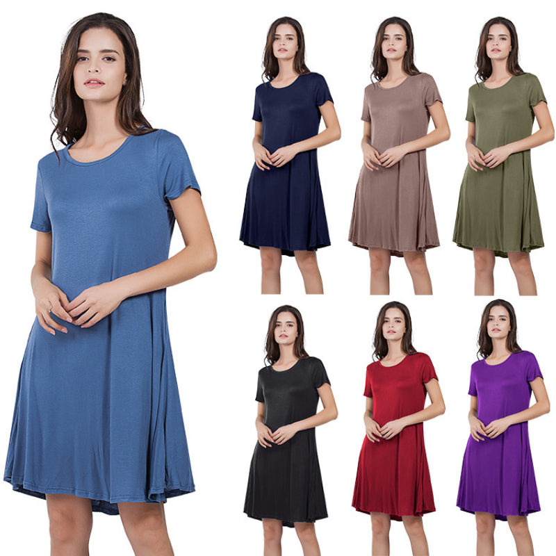 Casual Loose Short-Sleeve Round Neck Solid Color Dress