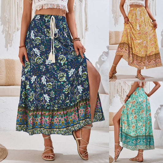 Summer Casual Printed Drawstring Waist Half Skirt