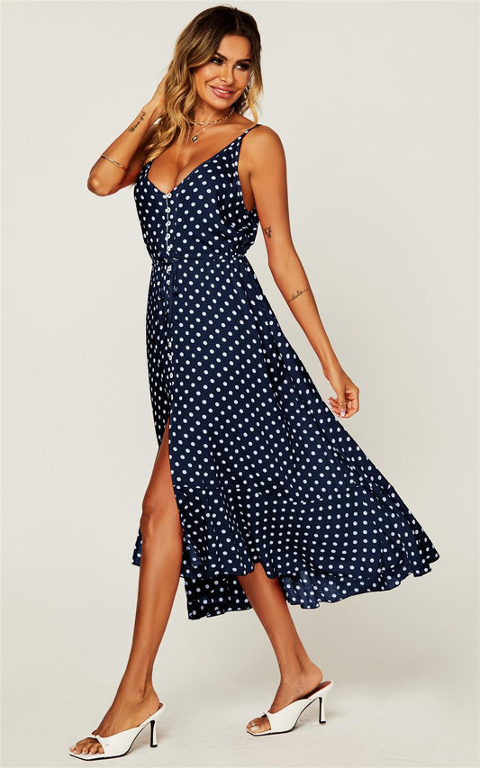 Button Down High Low Strappy Dress In Wine Navy & White Polka Dot