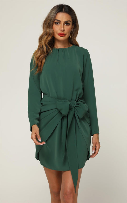 Long Sleeve Knot Tie Front Mini Dress In Green