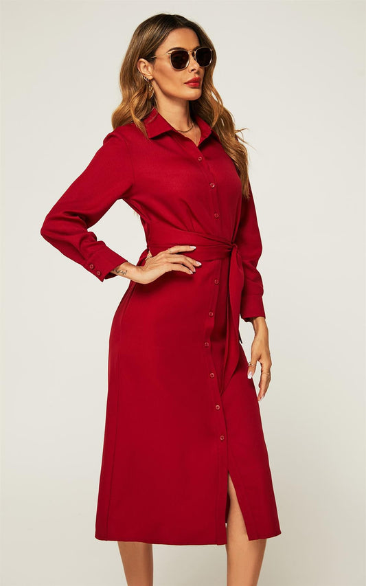 Wine Red Midi Shirt Dress With Tie Waist