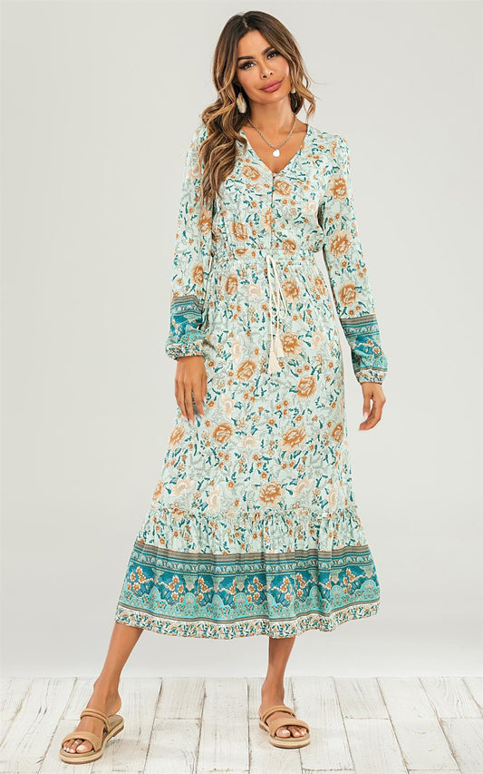 Smock Midi Dress In Mint Green & Orange Floral Printed