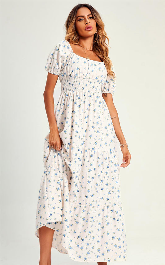 Summer Flora Print Bardot Maxi Dress In White