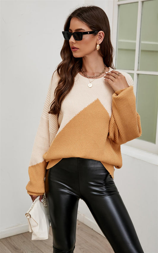 Block Colour Relaxed Knit Jumper Top In Beige & Camel