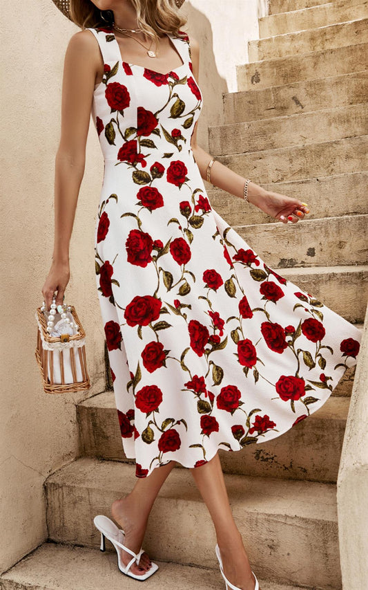 Red Roses Print Heart Neck Midi Dress In White