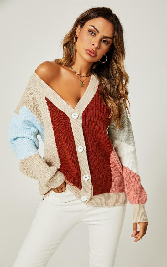 Block Colour Relaxed Knit Cardigan Top In Beige & Blue & Wine & White & Peach