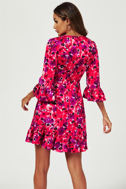 Abstract Floral Print Mini Dress In Red