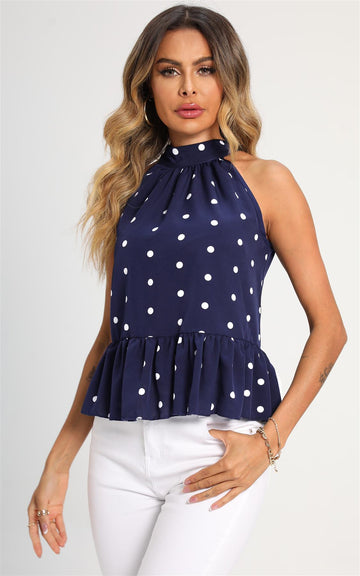 Hem Frill Detail Halter Neck Tie Back Top In Navy