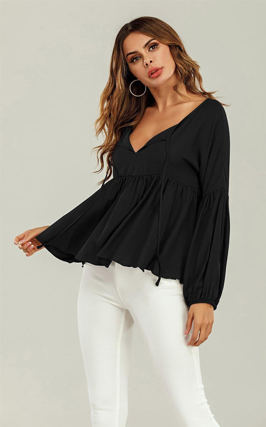 Long Sleeve V Neck Frill Detail Top In Black