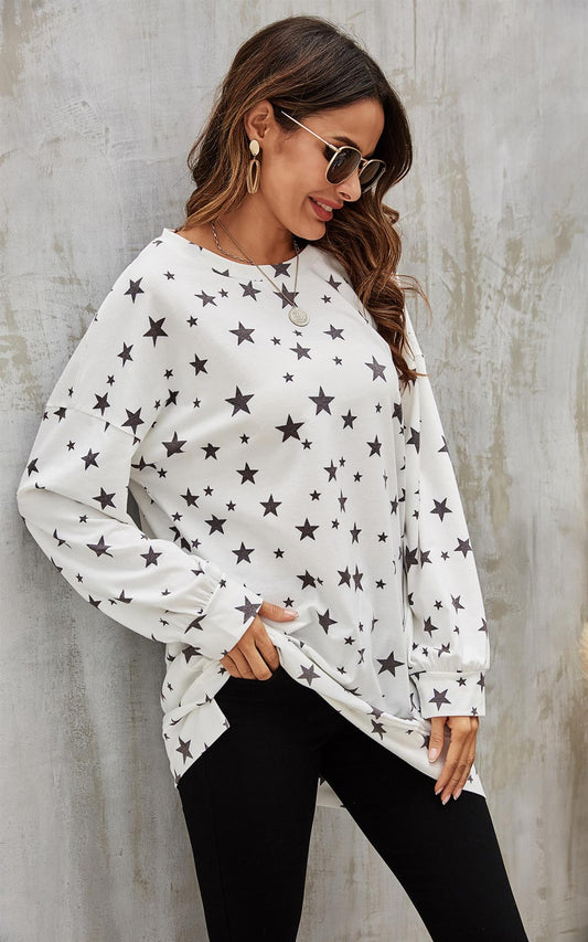 Oversized Star Print Top In White