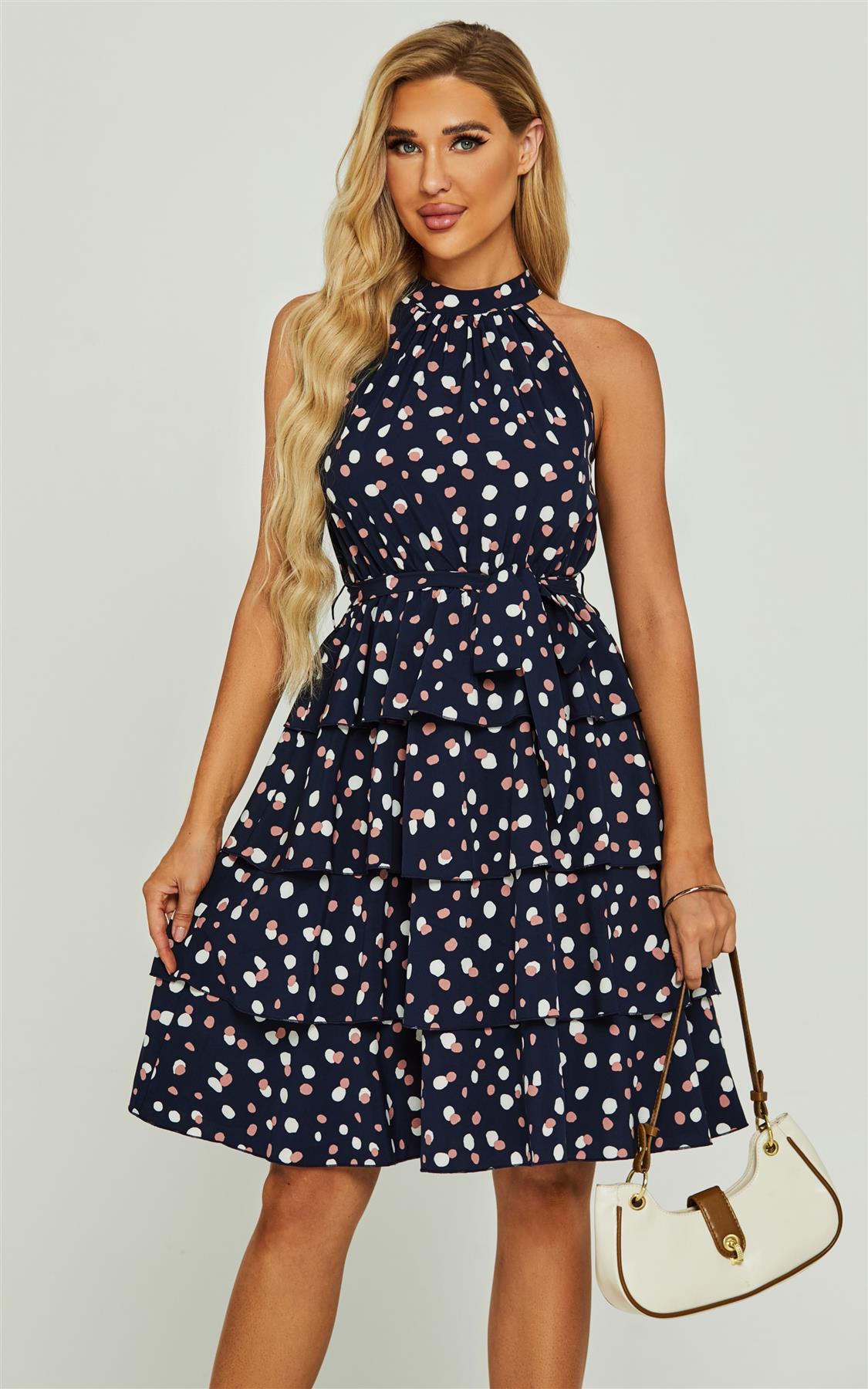 High Neck Back Detail Cold Shoulder Ruffle Mini Dress In Navy Dot Print