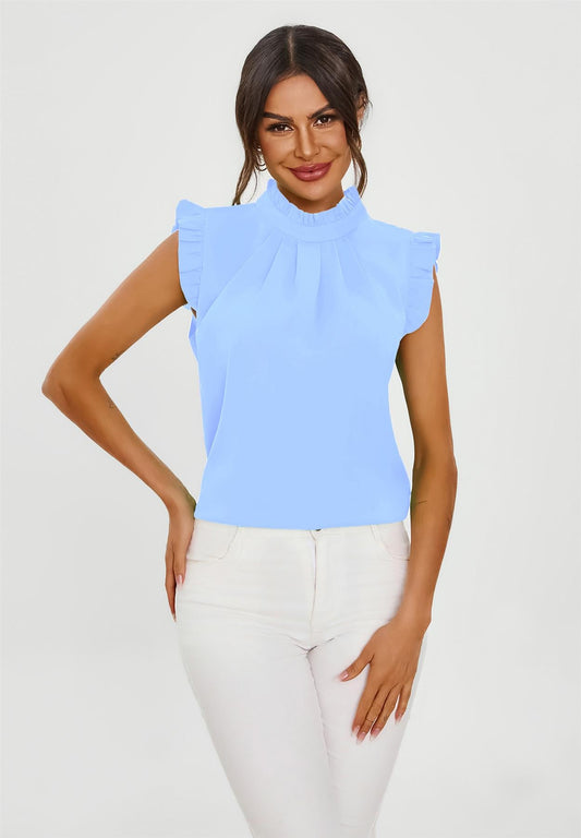 Frill Trim Sleeve High Neck Blouse Top In Light Blue