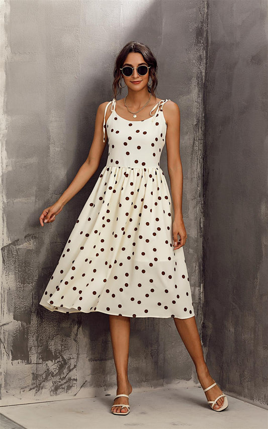 Cream & Chocolate Polka Dot Print Strappy Bardot Midi Dress