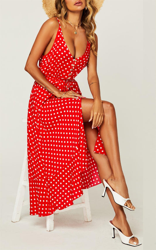 Button Down High Low Strappy Dress In Red & White Palk Dot