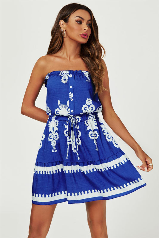 Printed Broderie Strapless Mini Dress In Blue