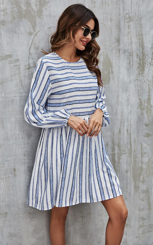 Blue Stripe Print Long Sleeve Smock Dress In White