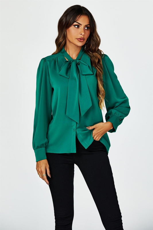 Tie Detail long sleeve Blouse Top In Green