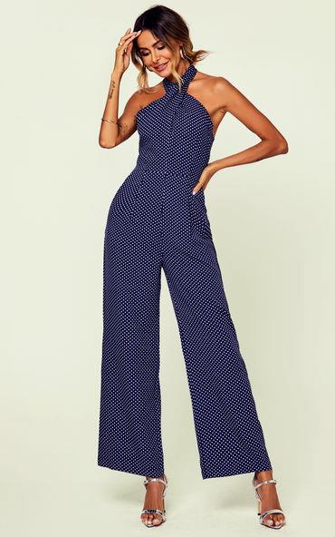 Halter Neck Back Detail Jumpsuit In Navy & Polka Dot