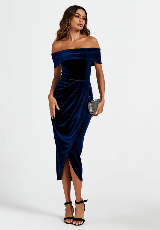 Off Shoulder Velvet Midi Dress In Blue