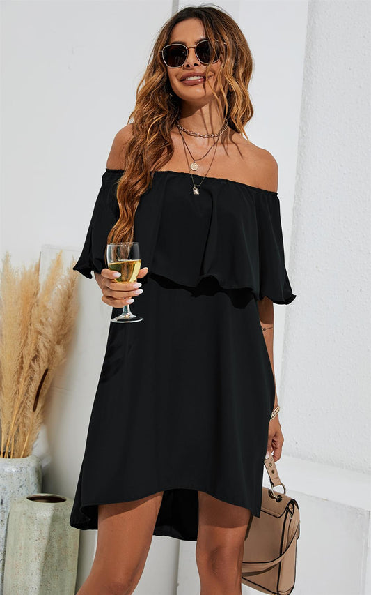 Bardot Frill Off Shoulder Mini Dress In Black