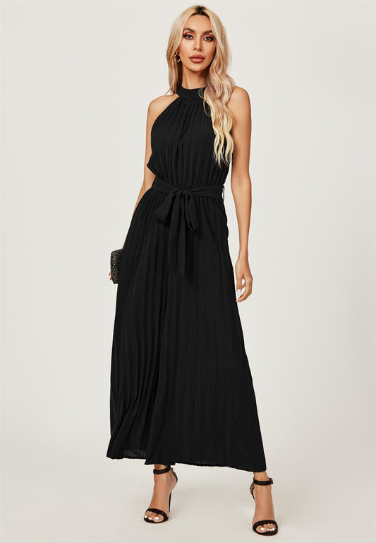 Halter Neck Pleated Jumpsuit In Black