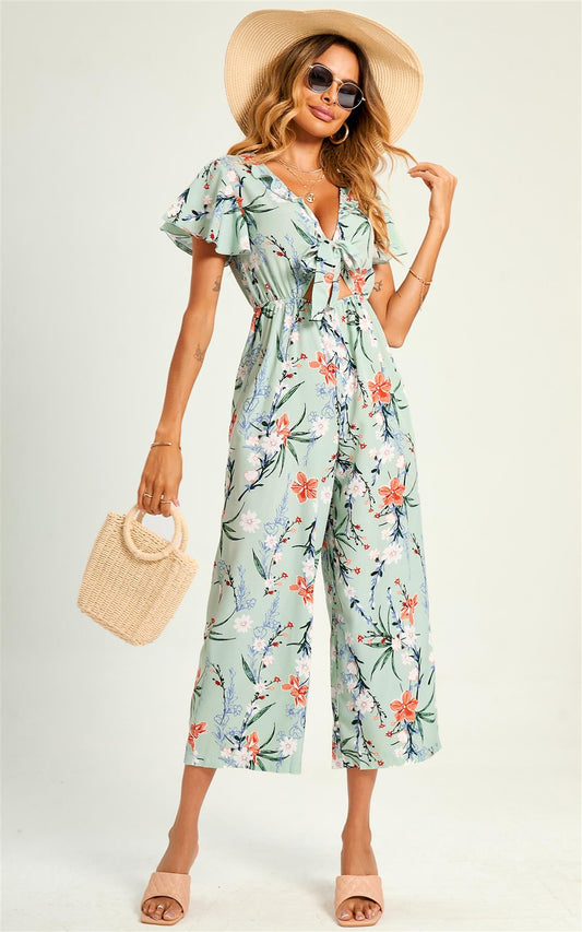 Flora Print Angel Sleeve  Culotte Jumpsuit In Blue