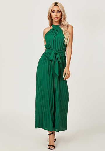 Halter Neck Pleated Jumpsuit In Green