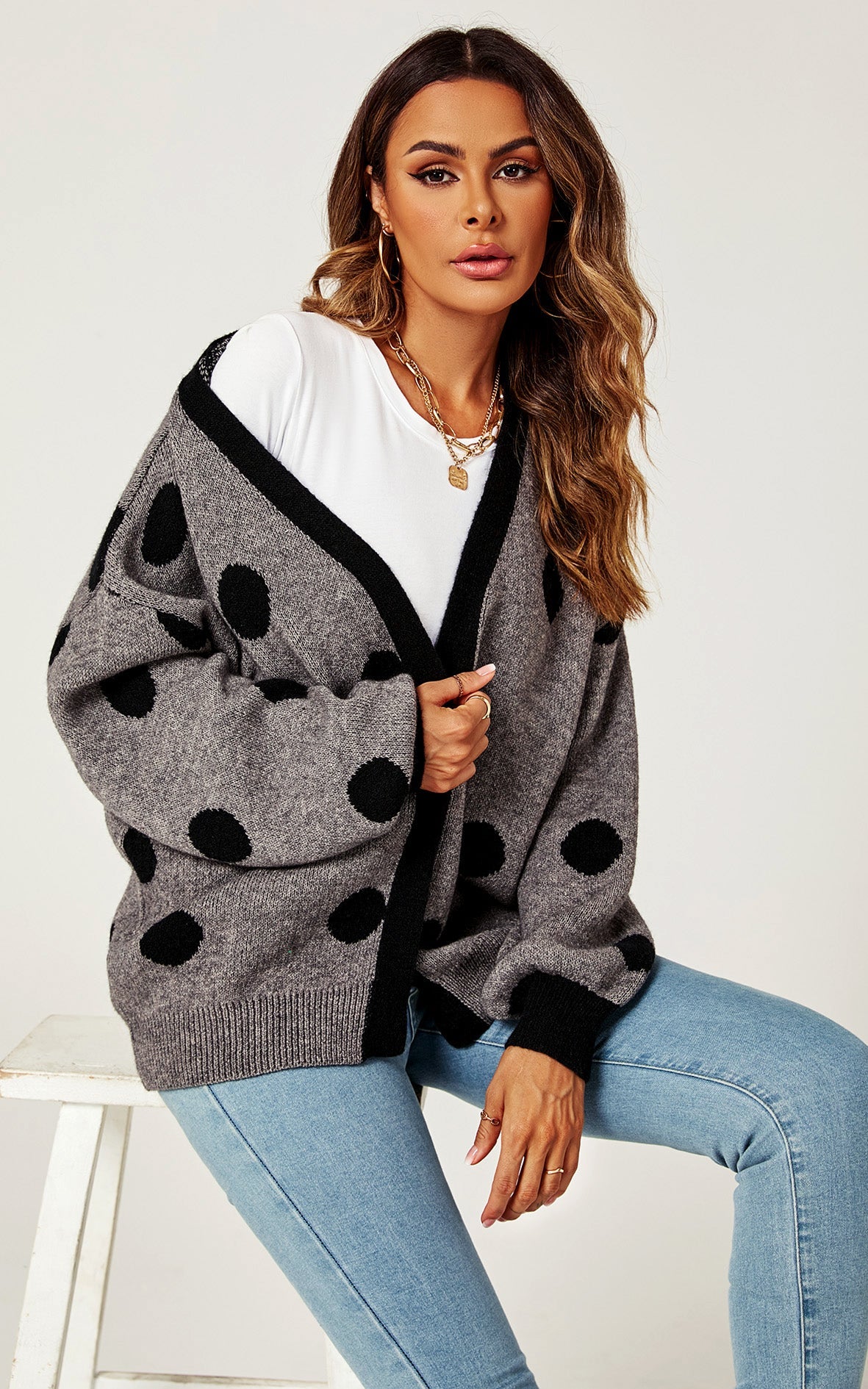 Black Polka Dot Pattern Cardigan Top In Charcoal Grey