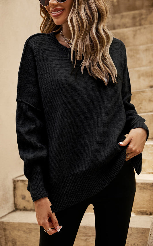 Side Slit Relaxed Knit Jumper Top In Black