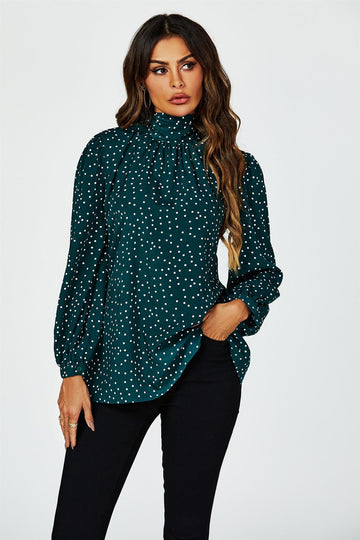 Polka Dot Print Long Sleeve Back Tie Blouse Top In Green