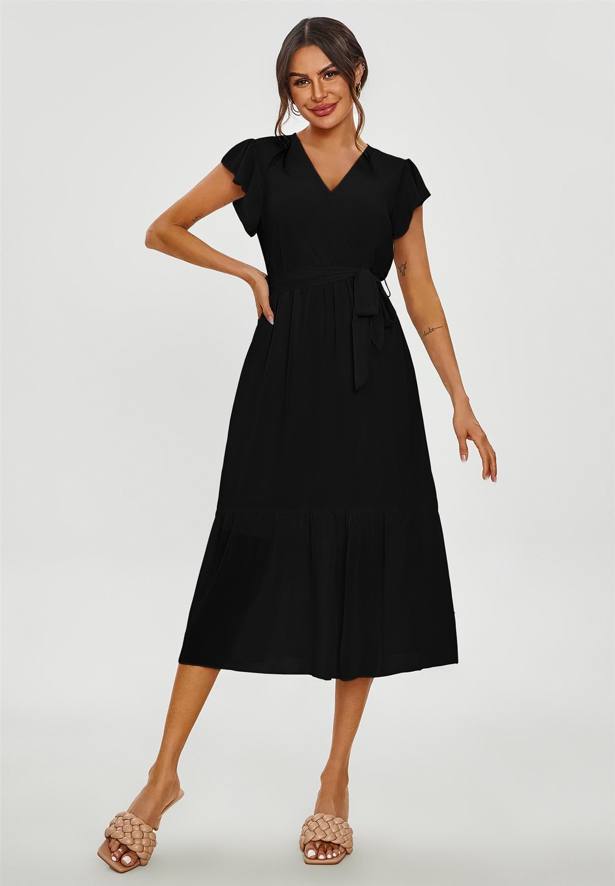 Frill Hem Short Sleeve Midi Dress In Black