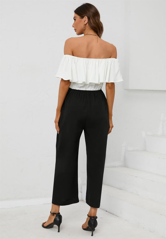 Black Contrast off the Shoulder Ruffle Jumpsuit In White