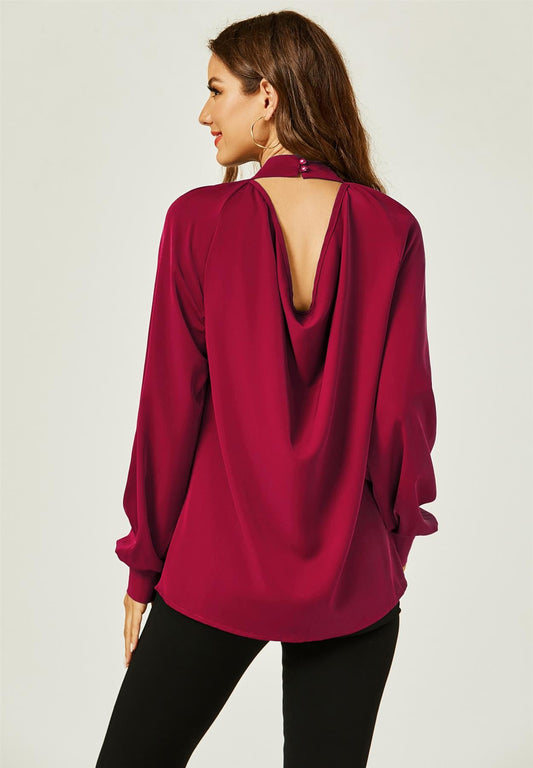 Halter Neck Long Sleeve Blouse Top In Wine Red