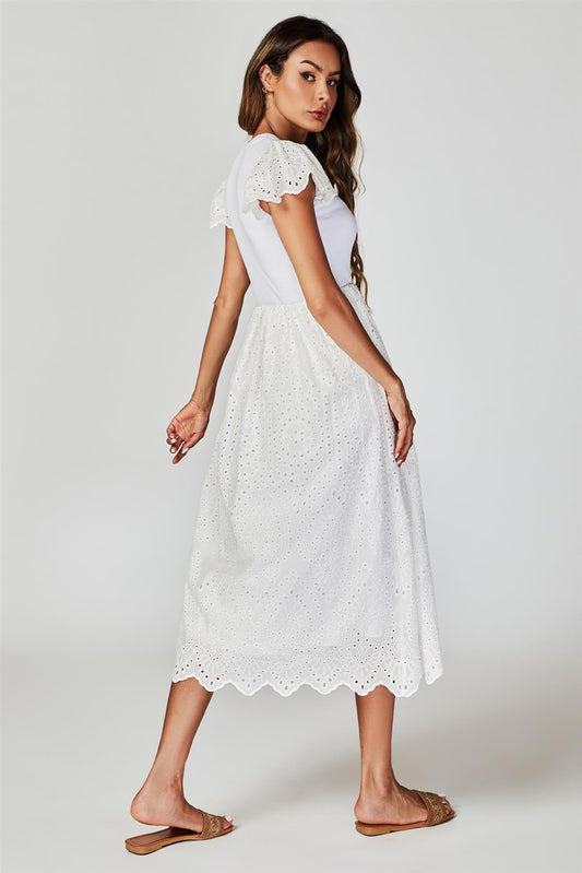 Jersey Broderie Midi Dress In White