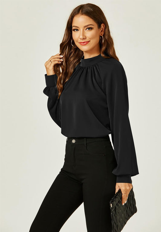 Halter Neck Long Sleeve Blouse Top In Black