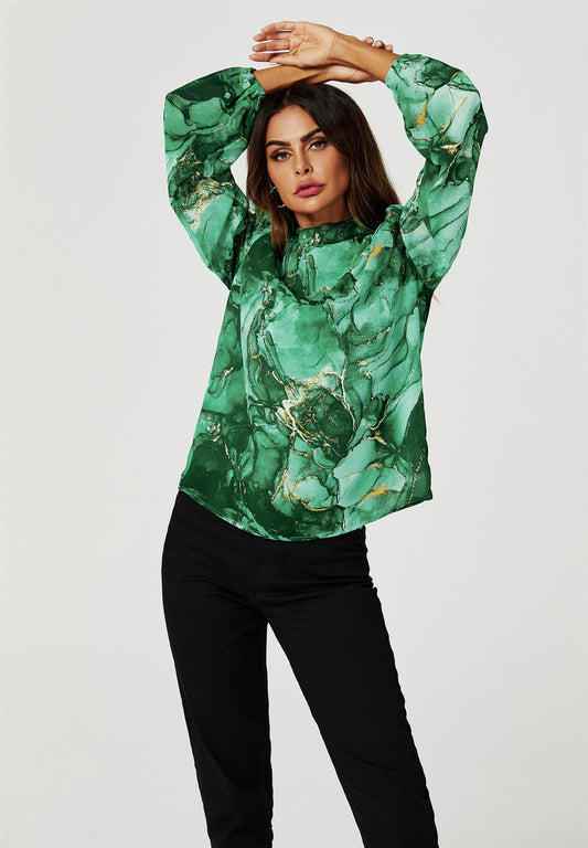 Marble Print Long Sleeve High Neck Top In Light Green