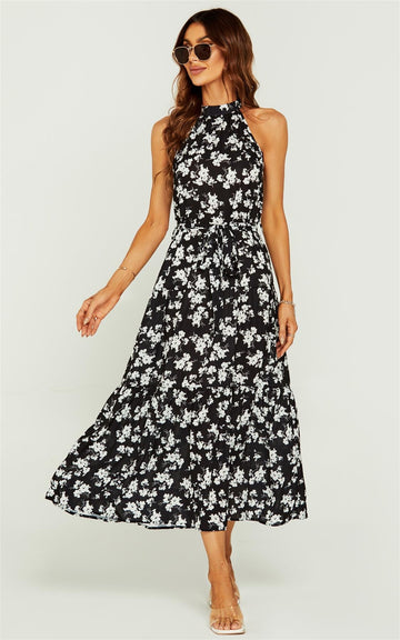 White Flora Print Halter Neck Midi Layer Dress In Black