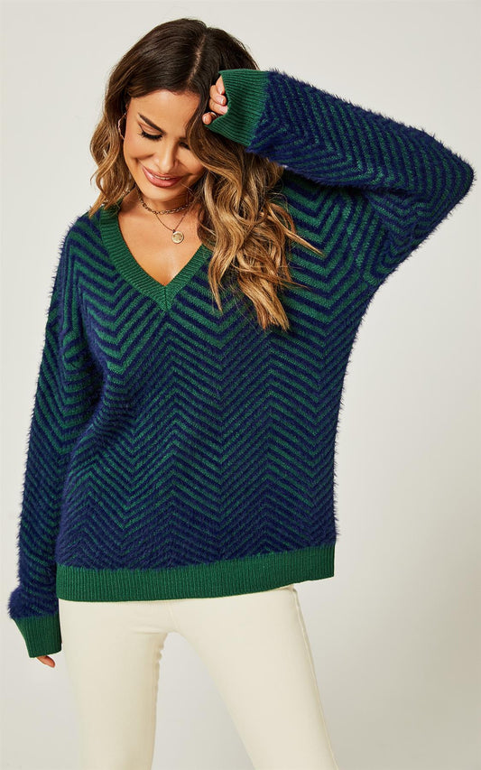 Chic Geometric Intarsia Knit Jumper Top In Navy & Green