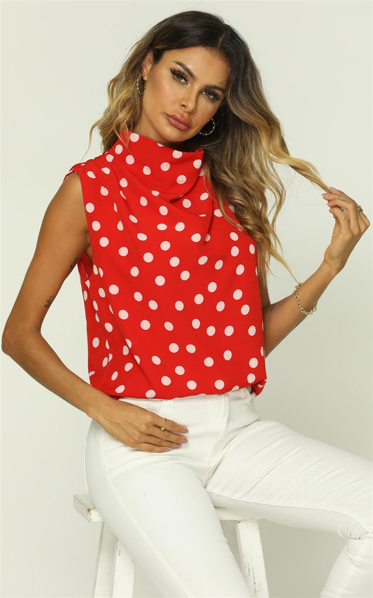 Polka Dot High Neck Sleeveless Blouse In Red