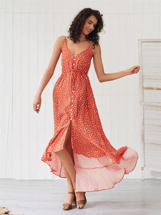 Frill Detail Strappy High Low Dress In Orange With Spot Print