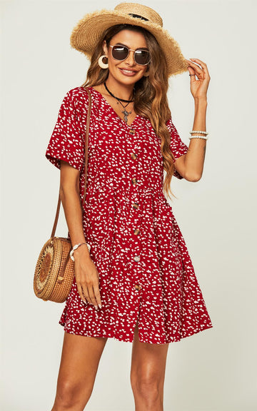 Floral Print Button Down Tiered Dress In Red