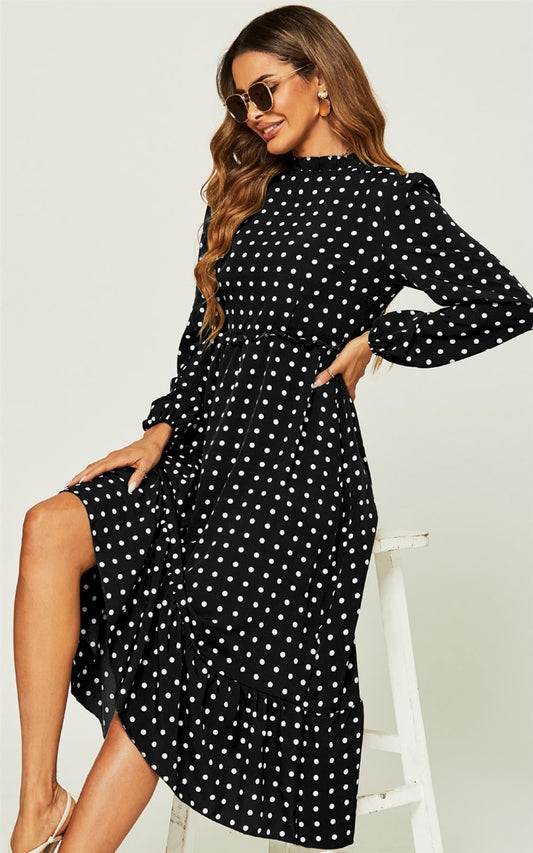 Polka Dot Print Long Sleeve Midi Dress In Black