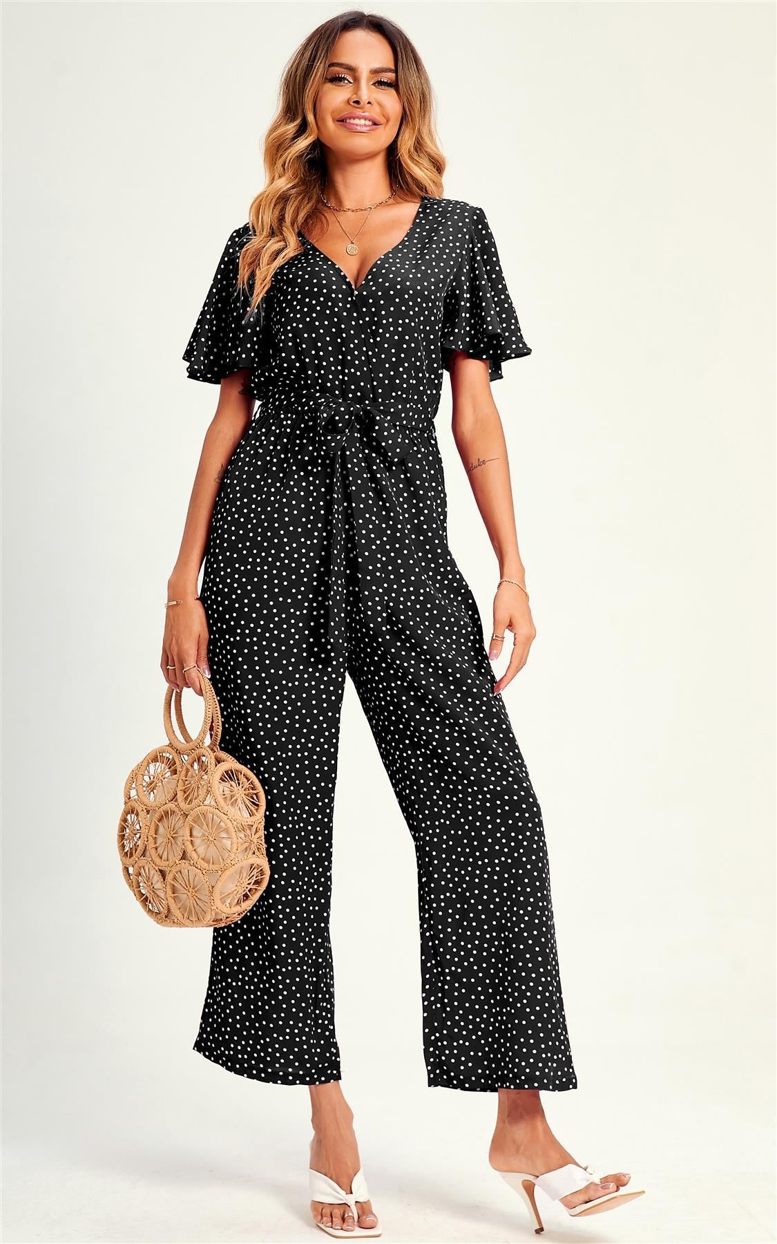 Polka Dot Angel Sleeve  Culotte Jumpsuit In Black