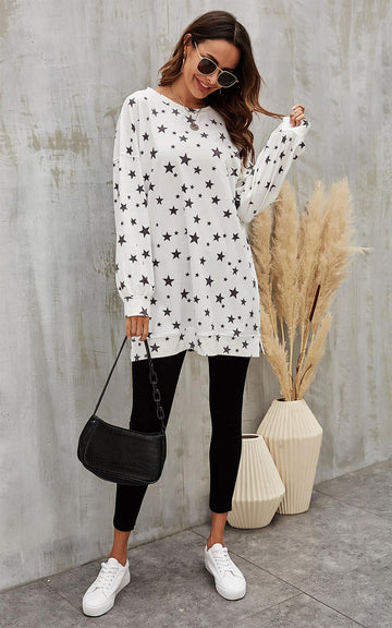 Oversized Star Print Top In White