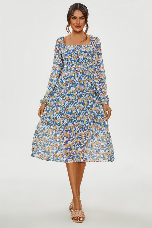 Floral Print Long Sleeve Maxi Dress In Blue