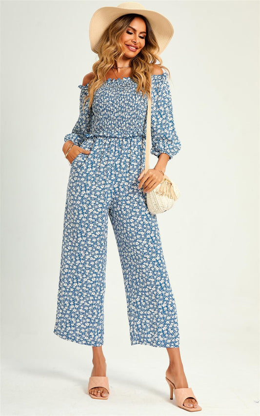 Floral Print Boho Bardot Jumpsuit In Blue