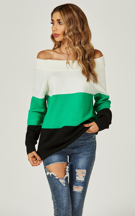 Off The Shoulder Block Colour Relaxed Jumper Top In Green & White & Black