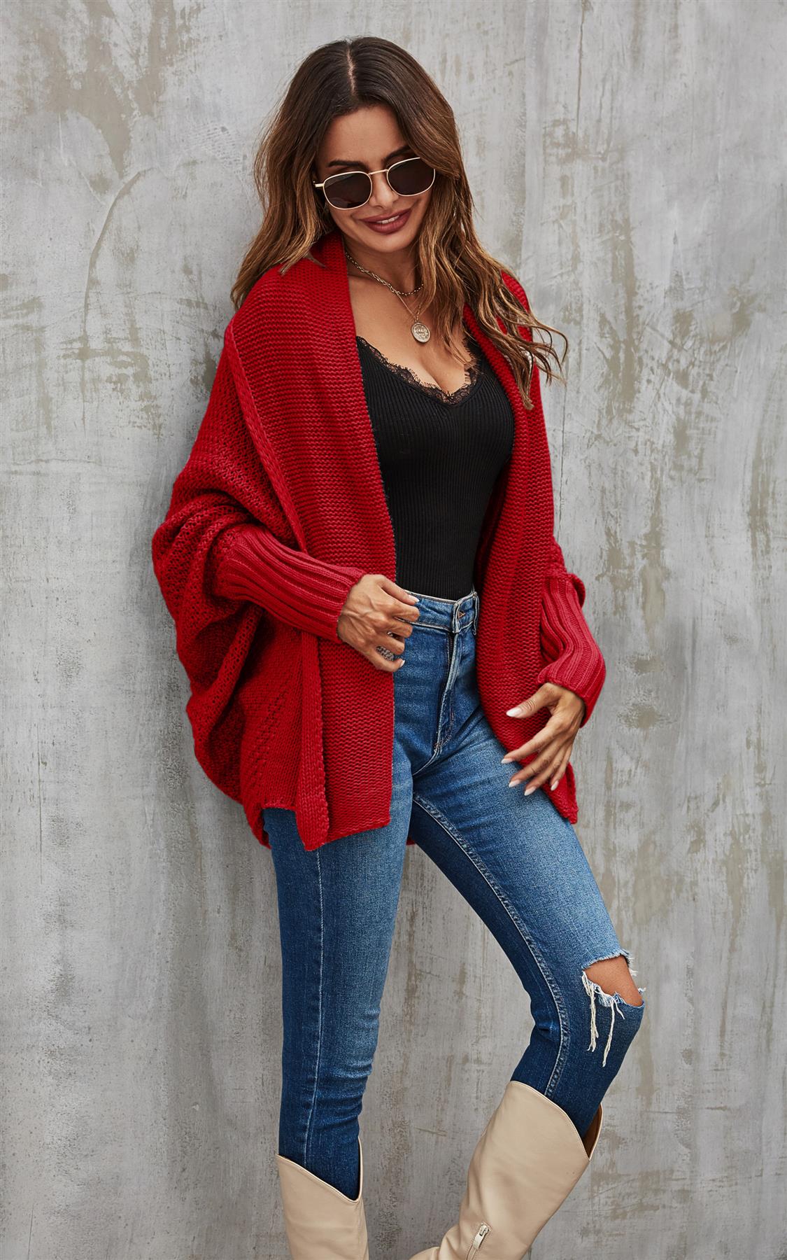 Chunky Pleat Oversized Cardigan In Dark Red